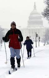 Washingtonians ski past the Capitol building during a snowstorm 