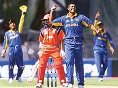Sri Lankan bowler Prabath Nissanka celebrates after dismissing Canada�s Ishwar Maraj