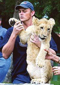 Australian wicket-keeper Adam Gilchrist looks closely at the paw of a six-month-old lion cub 