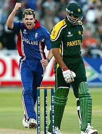 England's James Anderson celebrates taking the wicket of Pakistan's Inzamam-ul-Haq
