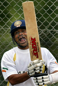 India's Sachin Tendulkar reacts after missing a shot at the nets 