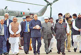 Deputy Prime Minister L.K. Advani arrives from Shimla at the Chandigarh airport on his way to Delhi on Sunday.