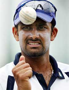 Anil Kumble tosses the bail during a team practice session in Durban, South Africa