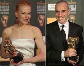Nicole Kidman and Daniel Day-Lewis hold their British Film Academy Awards 