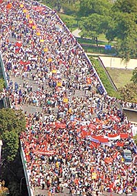 A view of protesting bank employees on the Ranjit Singh flyover in the Capital on Wednesday. The protesters marched from Ramlila Ground to Parliament, sending traffic for a toss