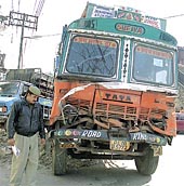 One of the trucks involved in the mishap near Hanuman Mandir on Ring Road 