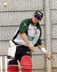 Zimbabwe's Andy Flower throws the ball during a practice session in Bulawayo