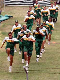 South African players warm-up during a net session
