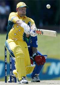 Australia's Darren Lehmann hits a six off the last ball