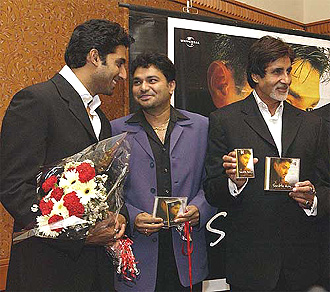 Bollywood star Amitabh Bachchan along with his son Abhishek Bachchan unveils Babul Supriyo's pop album