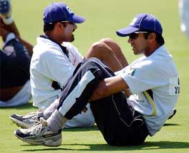 India's Rahul Dravid and Anil Kumble train 