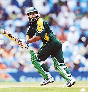 Pakistan's Saeed Anwar hits a four during their group A match against India