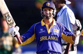 Sri Lankan batsman Marvan Atapattu celebrates his century 