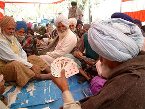 Farmers play cards during dharna