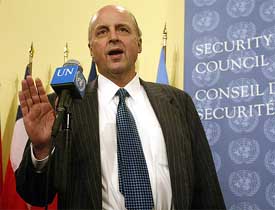 United States Ambassador to the United Nations, John D. Negroponte, speaks to members of the media