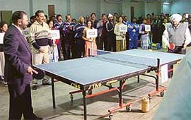 Mr Virendra Singh, Adviser to the Administrator, Chandigarh, plays the inaugural shot at the 10th National Veterans Table Tennis Tournament at the table tennis hall in Sector 23, Chandigarh