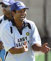 Sachin Tendulkar laughs during a practice session in Cape Town 