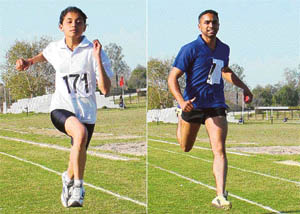 Shweta and Harnarinder on their way to breasting the tape at the PAU annual athletics meet 