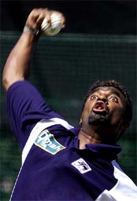 Sri Lankan bowler Muttiah Muralitharan bowls in the nets 