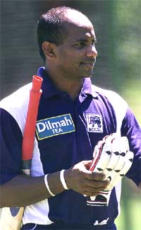 Sri Lankan captain Sanath Jayasuriya walks to the nets 