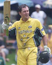 Ricky Pointing celebrates his century during Australia�s Super Sixes match against Sri Lanka 