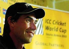 New Zealand captain Stephen Fleming talks to the media 