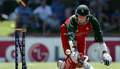 Zimbabwe's Andy Flower is run out for 37 during play against New Zealand