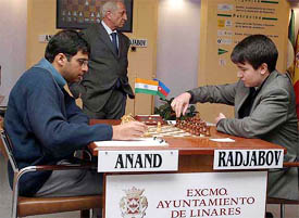 Azerbaijan Teimour Radjabov makes his move as Viswanathan Anand of India watches on