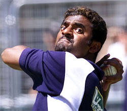 Muttiah Muralitharan bowls at the nets 