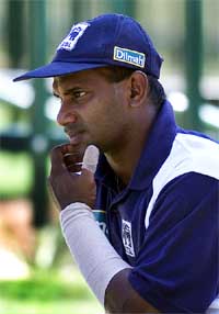 Sri Lankan captain Sanath Jayasuriya watches a net session