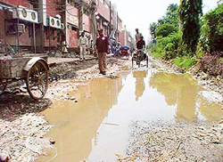 A damaged road in Sector 35-C, Chandigarh.