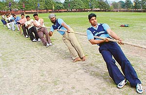 The tug-of-war team of Dadu Majra village during the rural sports meet at Sports Complex, Sector 46, Chandigarh