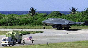 An US B-2 bomber stops for refueling at the US military base in Diego Garcia in this October 2001 file photo