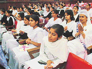 Students of the Government College for Women at their annual prize distribution function in Ludhiana on Friday.