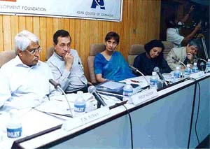 Philip Mathew, N. Ram, Shobhna Bhartia, Malini Parthasarathy and Rudrangshu Mukherjee head the panel at a colloquium on "emerging media issues" 