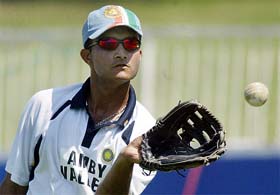 India captain Saurav Ganguly catches a ball during a practice session in Durban