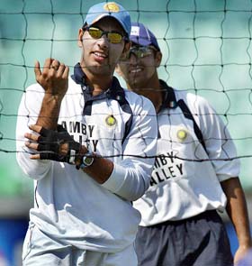 Yuvraj Singh and Rahul Dravid share a light moment during a game of volleyball