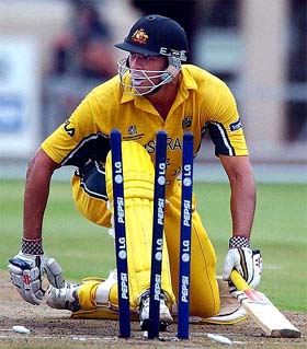 Australia's Andrew Symonds looks at the umpire 