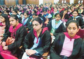 Students of Government College for Women listen to the address of Mr Tej Parkash Singh, Transport Minister Punjab