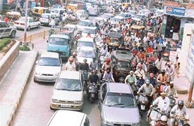 A scene of a traffic jam near Damoria Bridge in Ludhiana on Tuesday