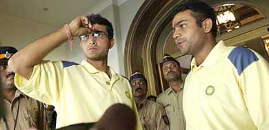 Saurav Ganguly and Virendra Sehwag stand at the Royal Meridian hotel in Mumbai