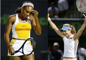 Meghann Shaughnessy celebrates her win over Venus Williams at the Nasdaq-100 Open