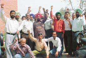 Protesting PSEB employees hold a gate rally at one of the substations in Ludhiana