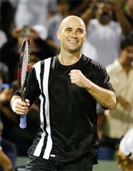 Andre Agassi of USA celebrates his win over Mark Philippoussis of Australia