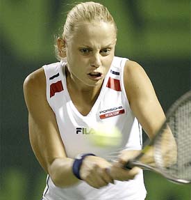 Jelena Dokic of Yugoslavia and Kim Clijsters of Belgium in action during the Nasdaq-100 Open