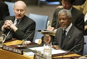 United Nations Secretary-General Kofi Annan addresses the first meeting of the Security Council since US and British forces began the war on Iraq