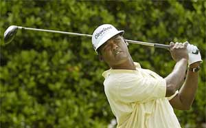 Vijay Singh of Fiji tees off from the 18th tee