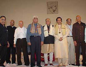 Dr Kewal Dheer, Mr Y.P.S. Bhalla, Mr O.P. Munjal, Mr Rakesh Bharti Mittal, Mr Hari Jaisingh, Mr Satish Babbar, Mr Suresh Munjal and Mr Prem Nath Gupta after the Adeeb International award presentation ceremony in Ludhiana 