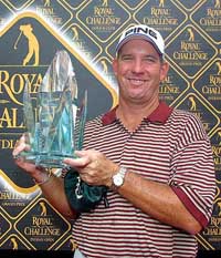 Mike Cunning holds the trophy after winning the Indian Open golf