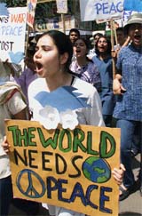 A student protester shouts anti-war slogans